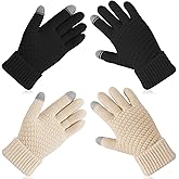 2 Pairs Womens Winter Touch Screen Gloves - Warm Fleece Lined Knit Glove with Elastic Cuff for Cold Weather