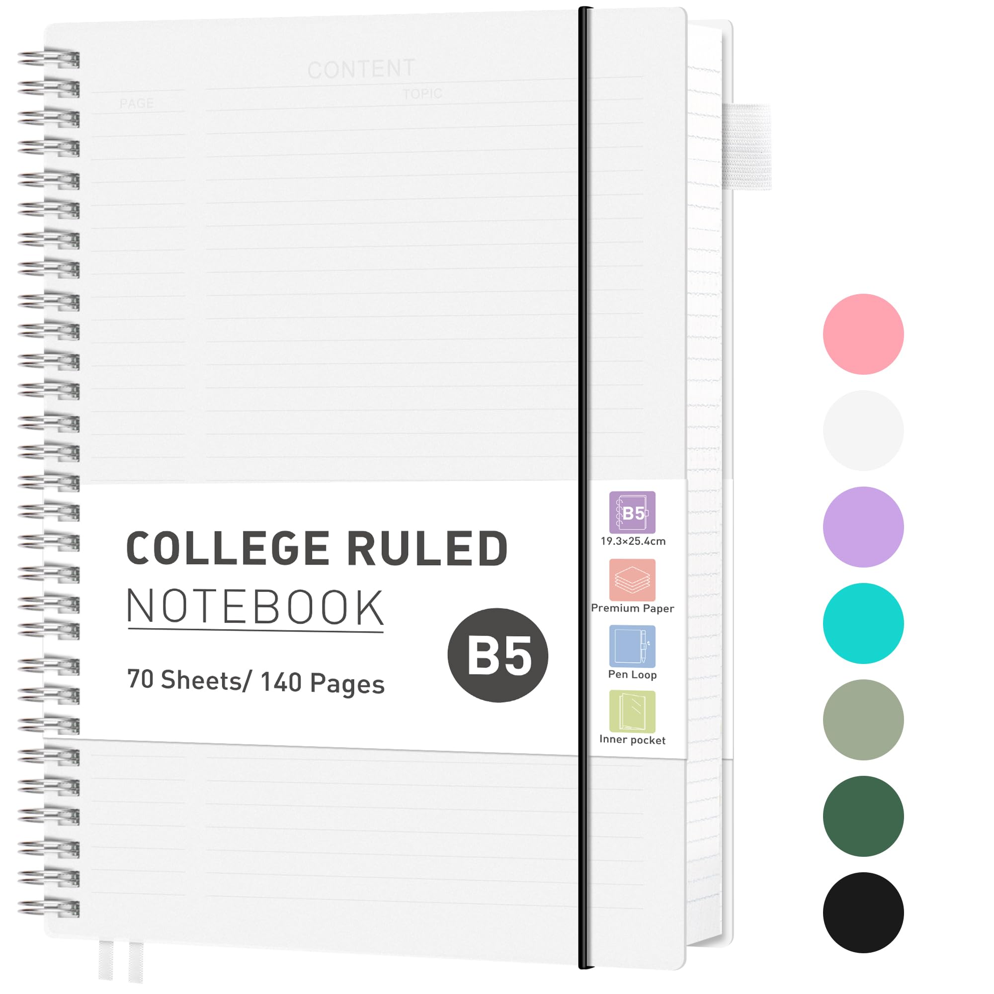 RETTACY B5 journal Notebook, Spiral Notebook 140 Pages/70 Sheets Lined for Women Men,Writing Notepad with 100gsm Paper,PVC Pocket, Pen Loop, Ruler, Bookmark,19 x 25 cm - Transparent