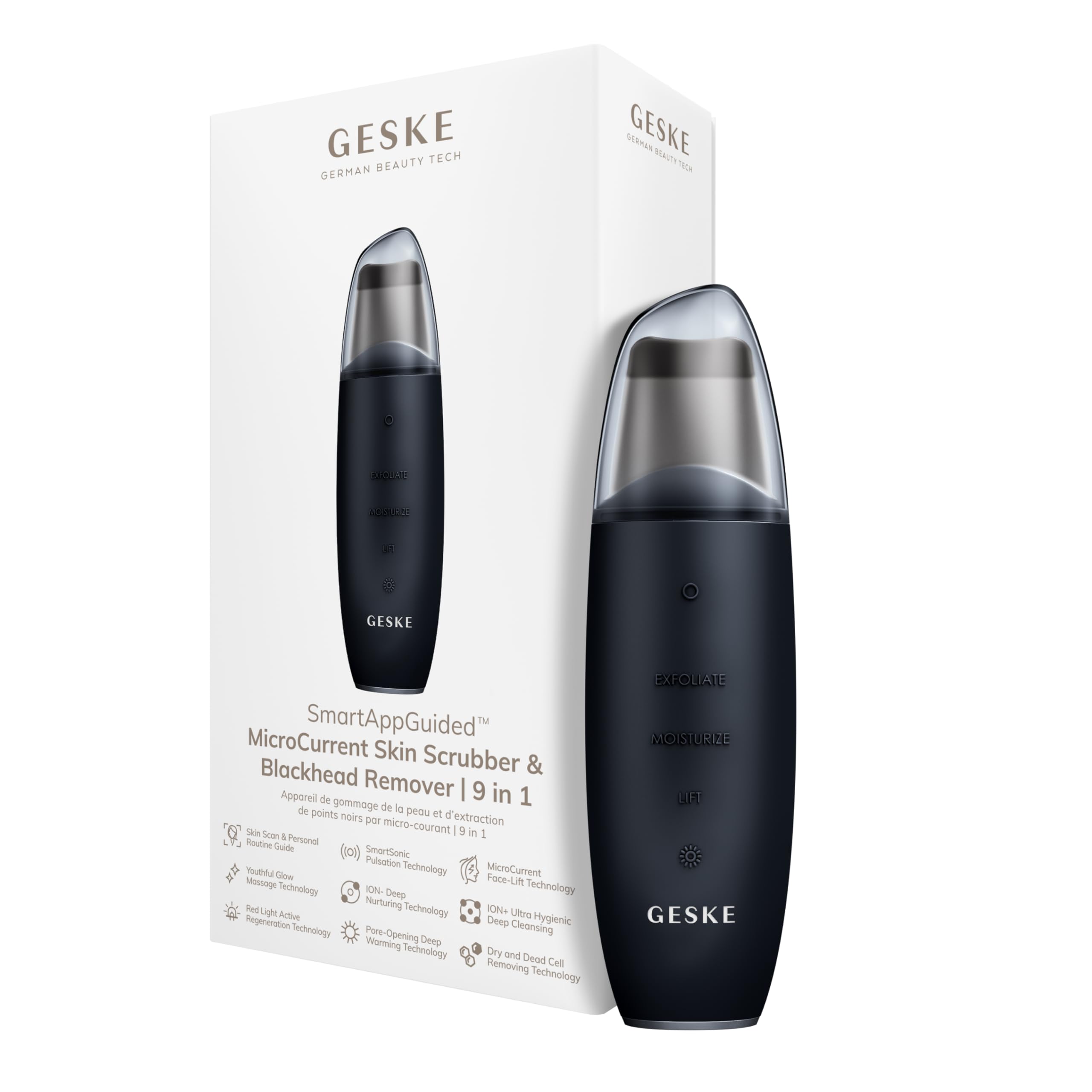 GESKE SmartAppGuided™ MicroCurrent Skin Scrubber & Blackhead Remover | 9 in 1 | Skincare tool | Pores cleaner | Anti-aging and cleansing | Professional face lift | Blackheads removal & extraction