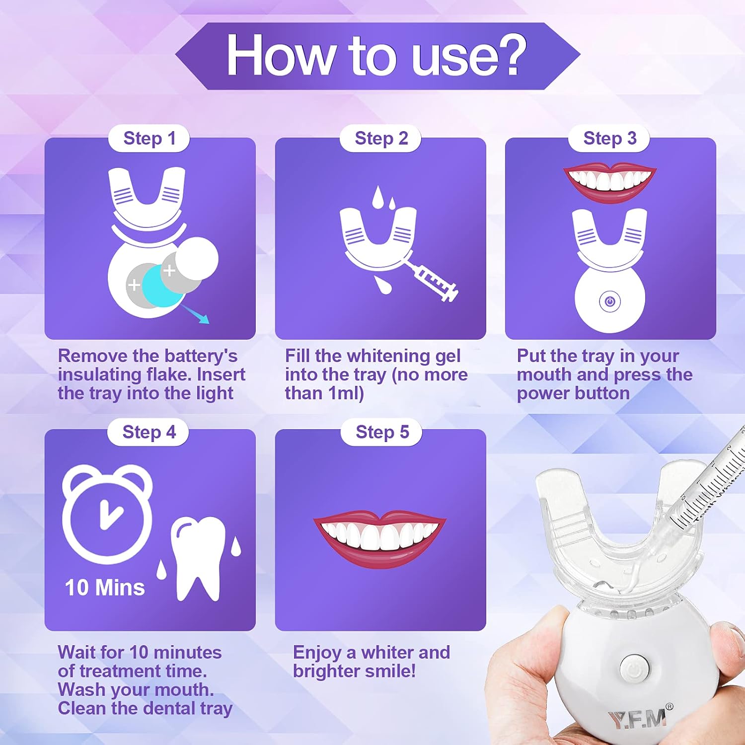 Teeth Whitening Kit, Y.F.M Professional Home Whitening Teeth Kit, 11pcs Teeth Whitening Gel, 2pcs Soothing Gel, 5X LED Light Tooth Whitener, 10 Min Non-Sensitive Fast Teeth Whitener: Health & Personal Care