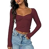 ForeFair Women's Sexy Long Sleeve Going Out Tops Pleated Bustier Shirt Cute Sweetheart Neck Y2K Cropped Top