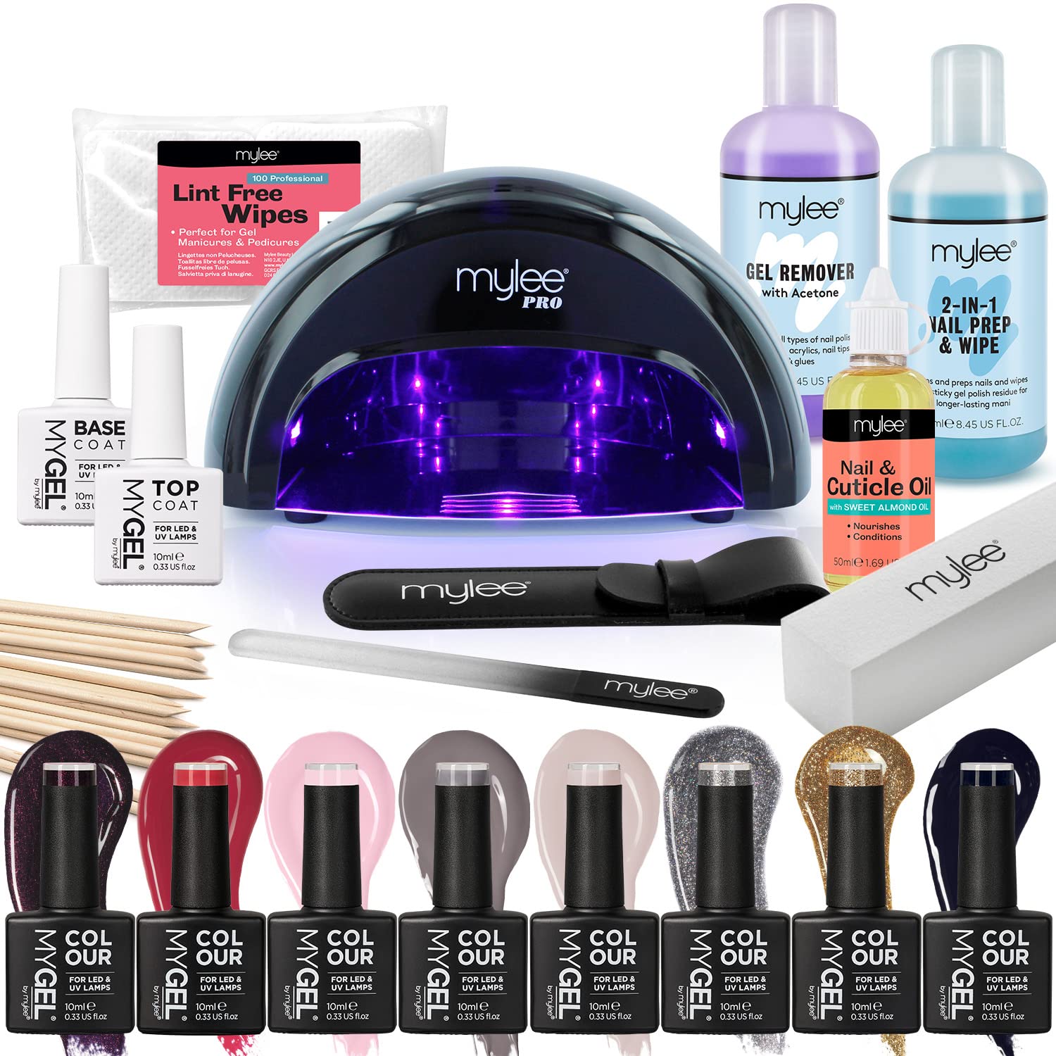 Mylee The Full Works Gel Nail Polish LED Lamp Kit, 8x MYGEL Colours, Top & Base Coat, Mylee PRO Salon Series Convex Curing LED Lamp, Prep & Wipe, Gel Remover (Autumn/Winter - Black Lamp)