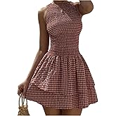 SOLY HUX Women's Gingham Mini Dress Plaid Sleeveless Layered Ruffle Smocked A Line Summer Tank Dresses