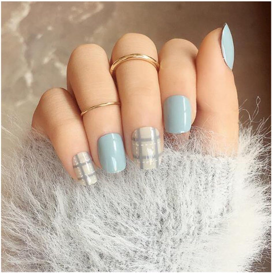 Meniliths 24pcs Blue And Gray False Nail With White Line Acrylic Artificial Full Fake Nails Nail Art Tips With Adhesive Tab For Women And Girls Amazon Ca Home Kitchen