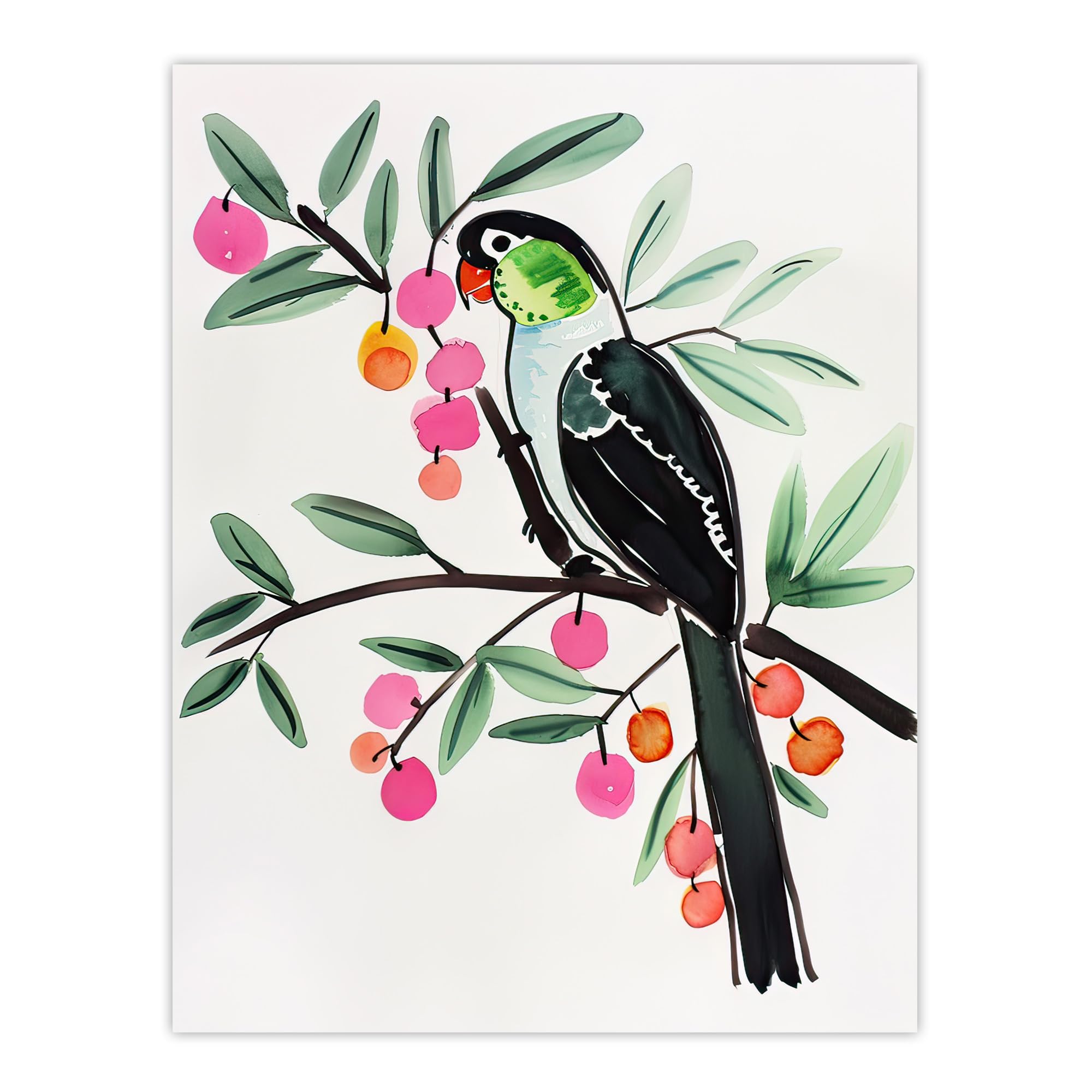 Artery8 Parrot Bird Pink Green Fruit Tree Branch Bright Living Room Extra Large XL Wall Art Poster Print
