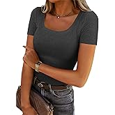 Chulianyouhuo Women's Short Sleeve Scoop Neck Ribbed Knit Fitted Casual Tops Tee Summer Slim Basic Shirts