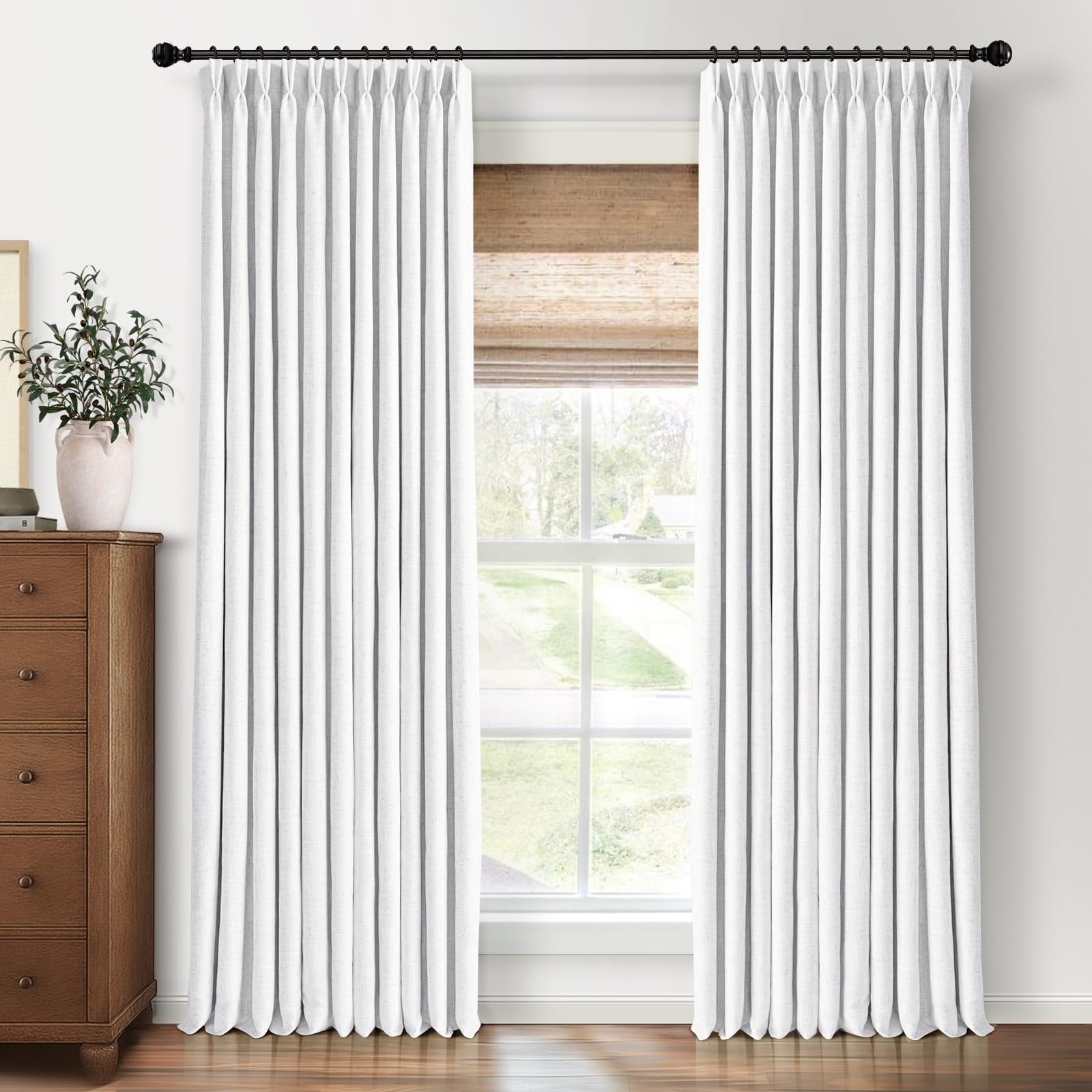 Photo 1 of CAPALOCA Pinch Pleated Blackout Curtains 108 Inch Long, Linen Blend, 100% Blackout Drapes with 20 Hooks, Ideal for Bedroom and Living Room, 40" W x 108" L (Pack of 2), Off White