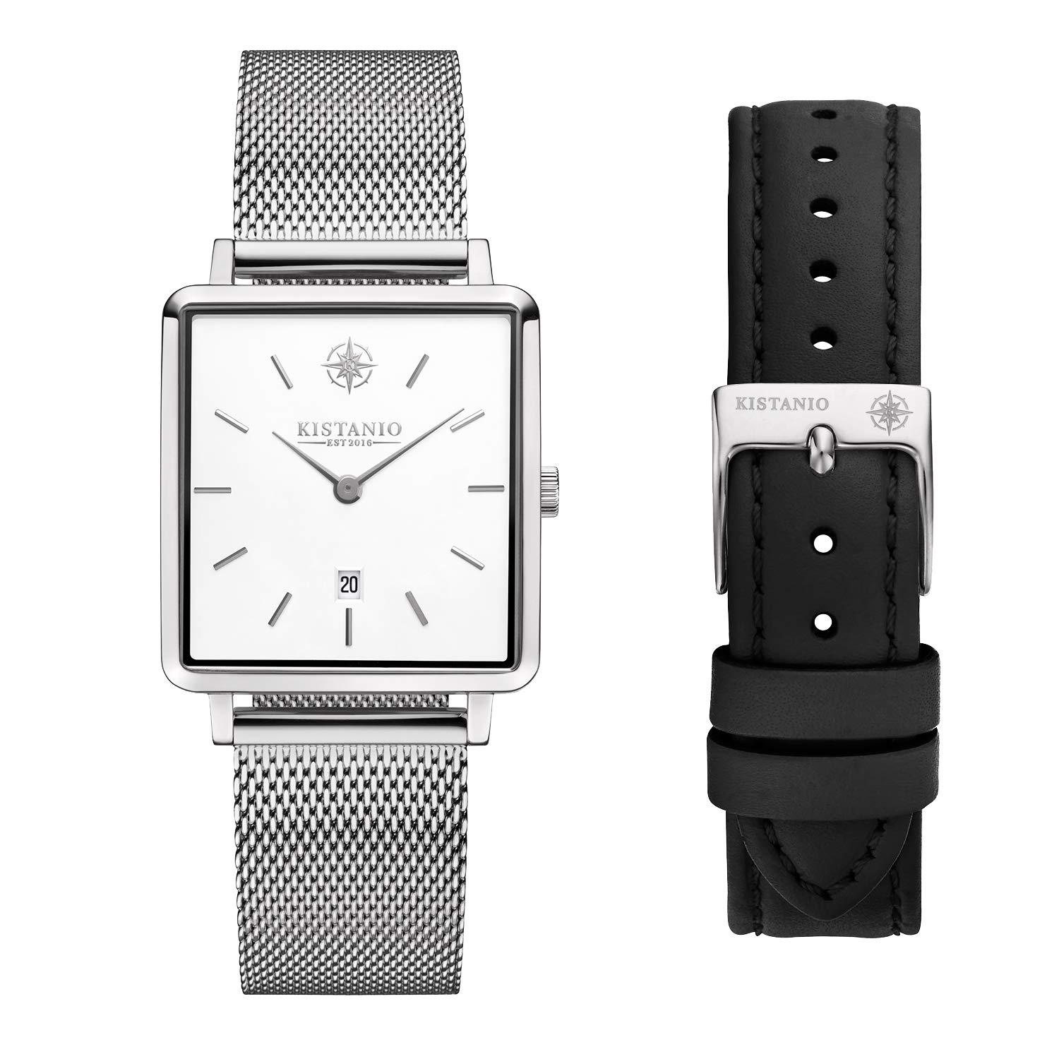 Kistanio Carre SI-WH-M-L-BK Women's Watch with Sapphire Glass and Milanese Strap + Extra Leather Strap