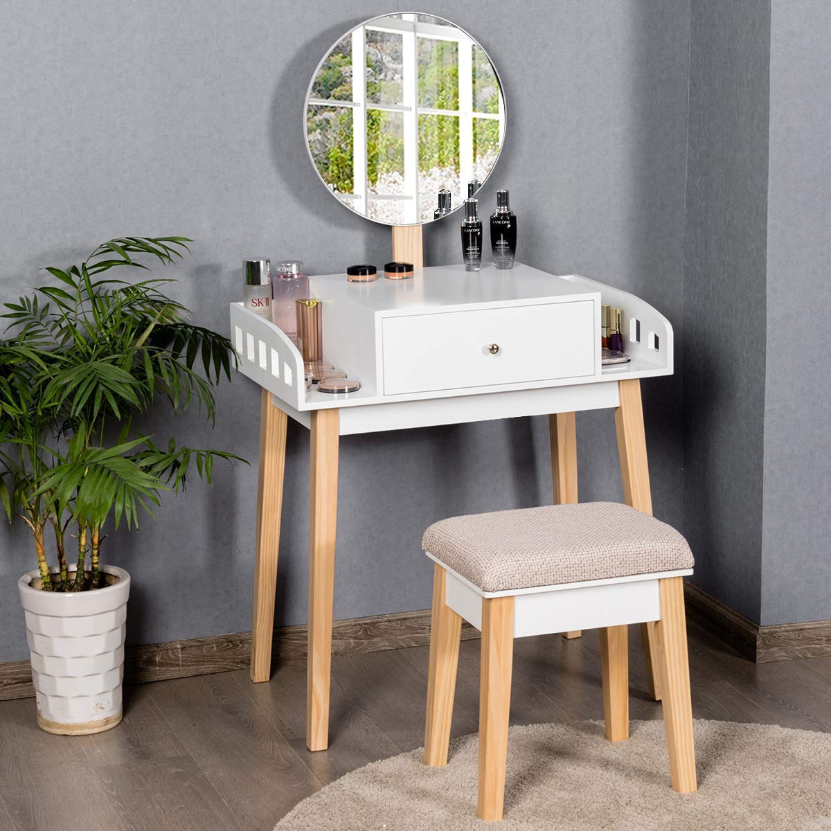 Giantex Vanity Table Set with Height Adjustable Round Mirror, Makeup Mirrored Dressing Table with Cushioned Stool, Side Storage and Large Drawer, Gift Vanities for Women Girls Bedroom (White)