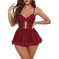 donnalla women sexy lace lingerie babydoll chemise boudoir outfits sleepwear Donnalla Plus Size Babydoll Lingerie Set for Women Sexy Mesh Lace Nightwear  Adjustable Straps V Neck Chemise with Panty at Amazon Women's Clothing store main image 0