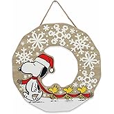 Peanuts Snoopy Snowflake Wreath Hanging Wood Wall Decor - Nostalgic Peanuts Christmas Sign for Holiday Home Decorating