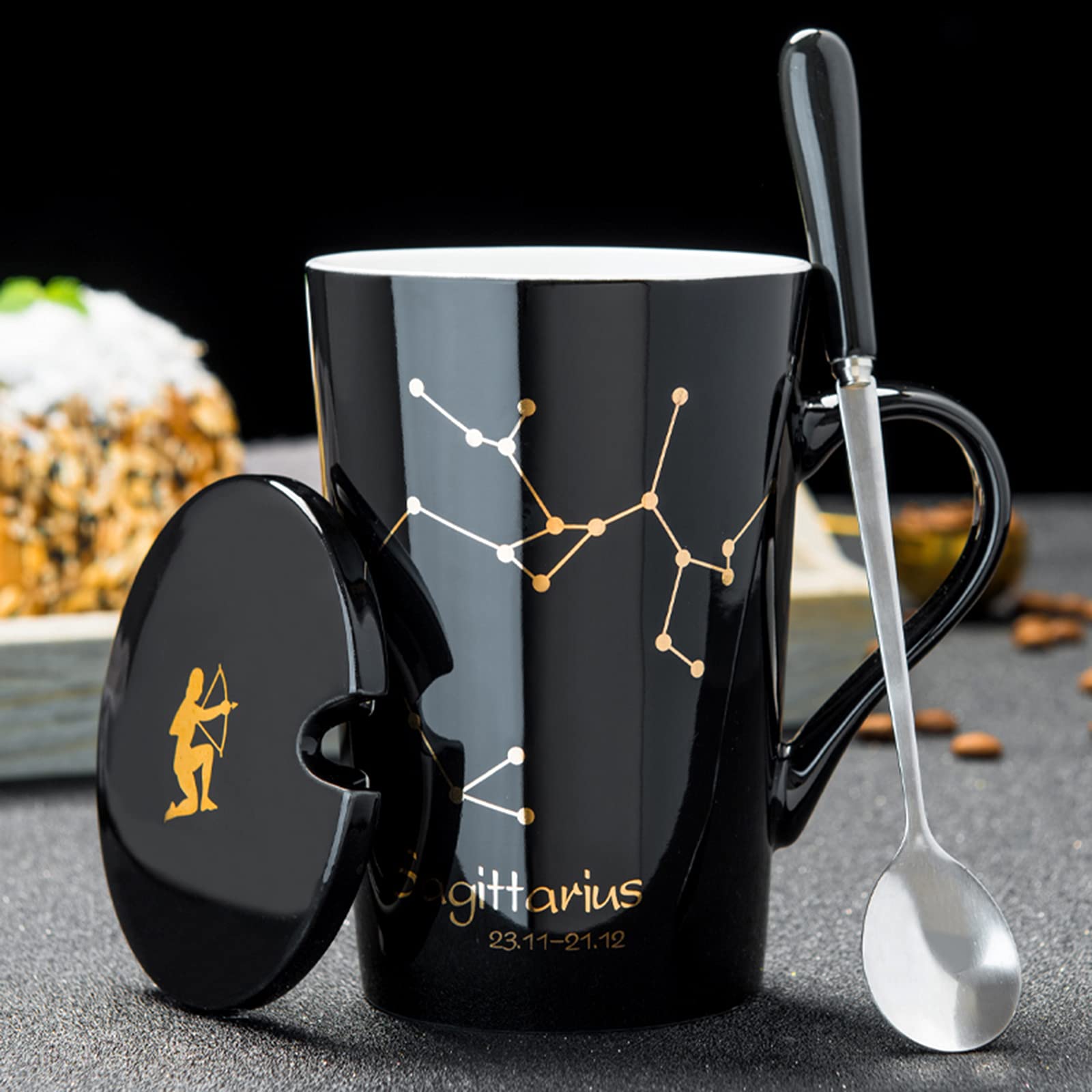 Modern Porcelain Tea Cups for Sagittarius Constallation Smooth China Mugs with Stoneware Lid and Elegant Stainless Steel Spoon for Home Office -450ml