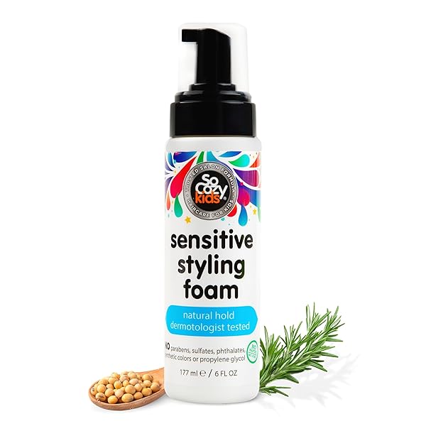 SO COZY KIDS SENSITIVE STYLING FOAM – SENSITIVE FOAM FOR KIDS W/STRAIGHT OR CURLY HAIR – GENTLE NATURAL HOLD STYLER, ROSEMARY (6 FL OZ)