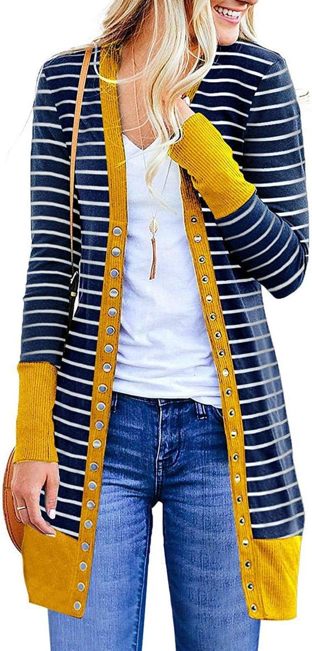 Faatoop Women's Button Down Knitwear Casual Long Sleeve V-Neck Open Front Striped Cardigan Sweater