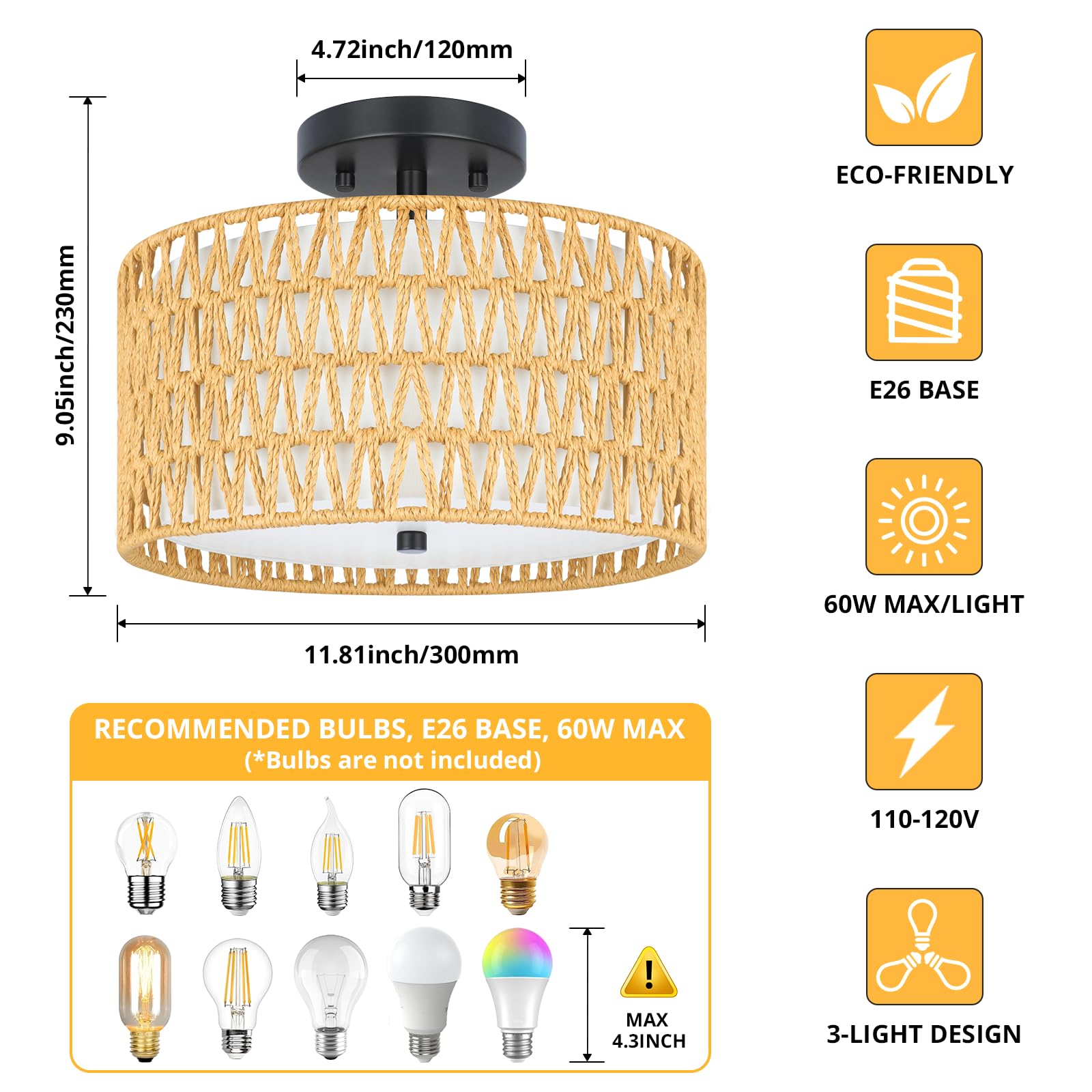 SunRider Semi Flush Mount Ceiling Light Fixture, 3-Light Farmhouse Woven Rattan and Fabric Shade Drum Light, Boho Rattan Lamp for Bedroom Foyer Porch