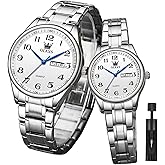 OLEVS Valentines Couple Pair Quartz Watches Luminous Calendar Date Window 3ATM Waterproof, Casual Stainless Steel His and Hers Wristwatch for Men Women Lovers Wedding Romantic Gifts Set of 2