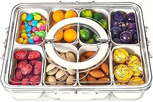 KIGITIONE Divided Snackle Box, 8 Compartments Portable Serving Tray with Lid and Handle, Clear Snack Platter Organizer for Fr