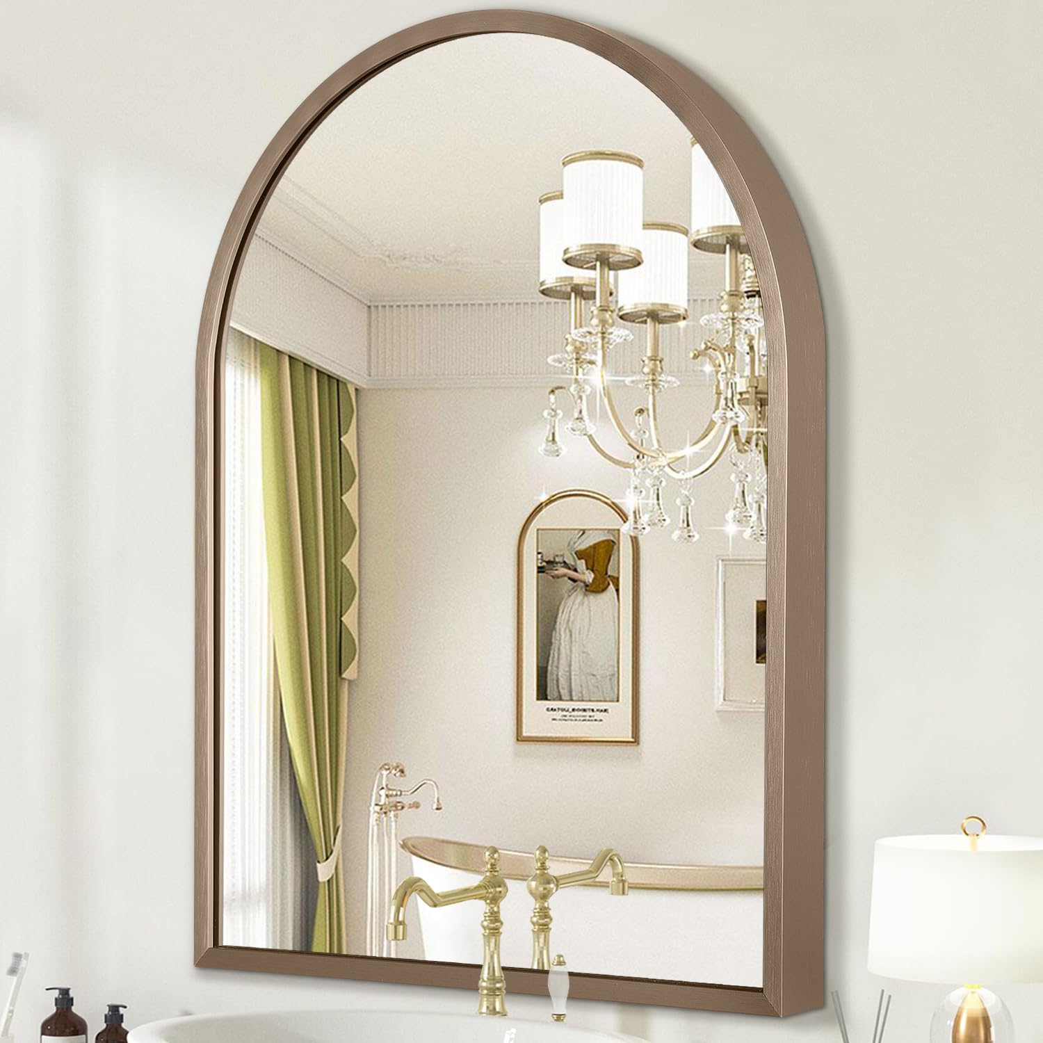 HLFMVWE Large Arched Wall Mirror Aluminum Alloy Frame Bathroom Mirror Brushed Metal Vanity Wall Mounted Mirror for LivingRoom Bedroom Entryway Brass 65 x 45cm
