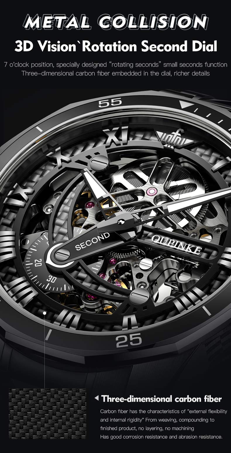 OLEVS Mens Automatic Watches for Men Skeleton Mechanical Luxury Black Silver Wrist Watches Waterproof Luminous Sapphire Crystal