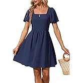 OFEEFAN Women Puff Sleeve Square Neck Tie in Back Dresses with Zipper