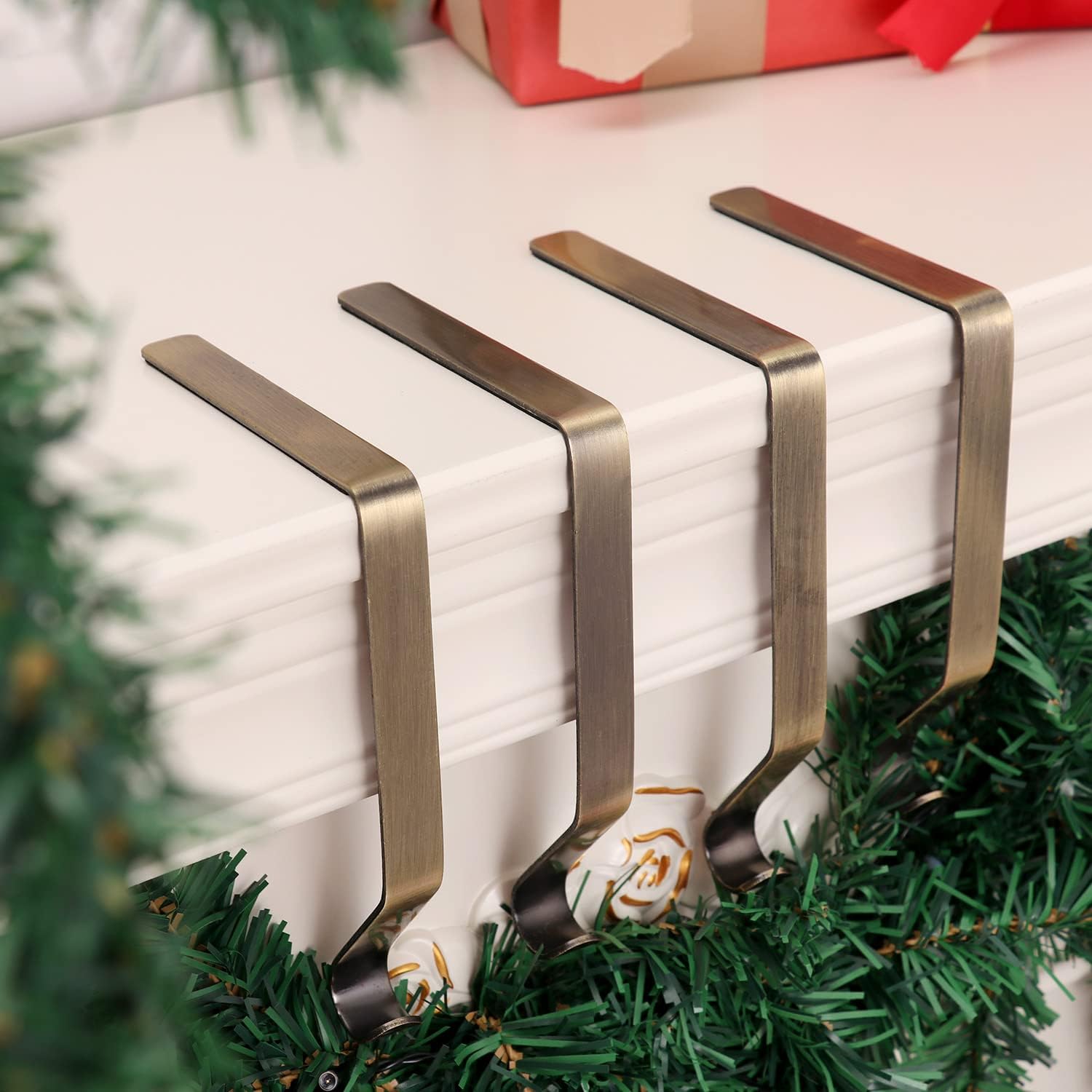 Ornament Hooks - Set of 4 Christmas Stocking Holder for Mantel Metal Stocking Hangers Christmas Ornament Hooks for Mantle Fireplace Christmas Stockings/Garland Hanger Clips (4, Bronze)