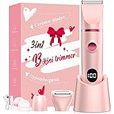 Crolanli Bikini Trimmer for Women, 3-in-1 Electric Razors for Women, IPX7 Waterproof Rechargeable Cordless Pubic Hair Shaver, with LED Display, for Ladies Bikini Pubic, Face, Underarms, Legs(Pink)