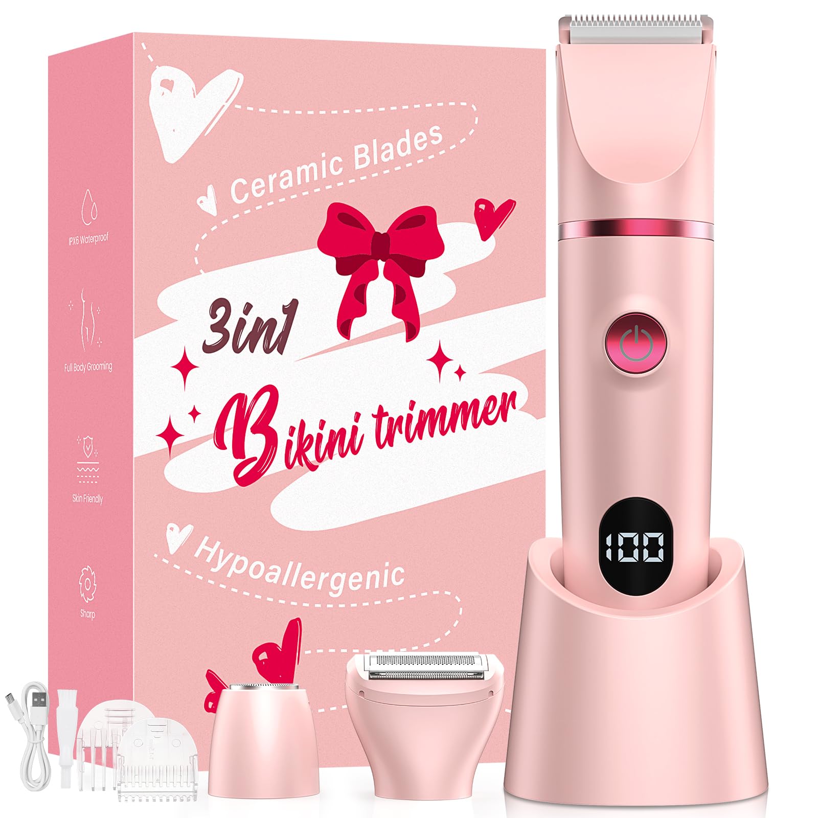 Photo 1 of Crolanli Bikini Trimmer for Women, 3-in-1 Electric Razors for Women, IPX7 Waterproof Rechargeable Cordless Pubic Hair Shaver, with LED Display, for Ladies Bikini Pubic, Face, Underarms, Legs(Pink)