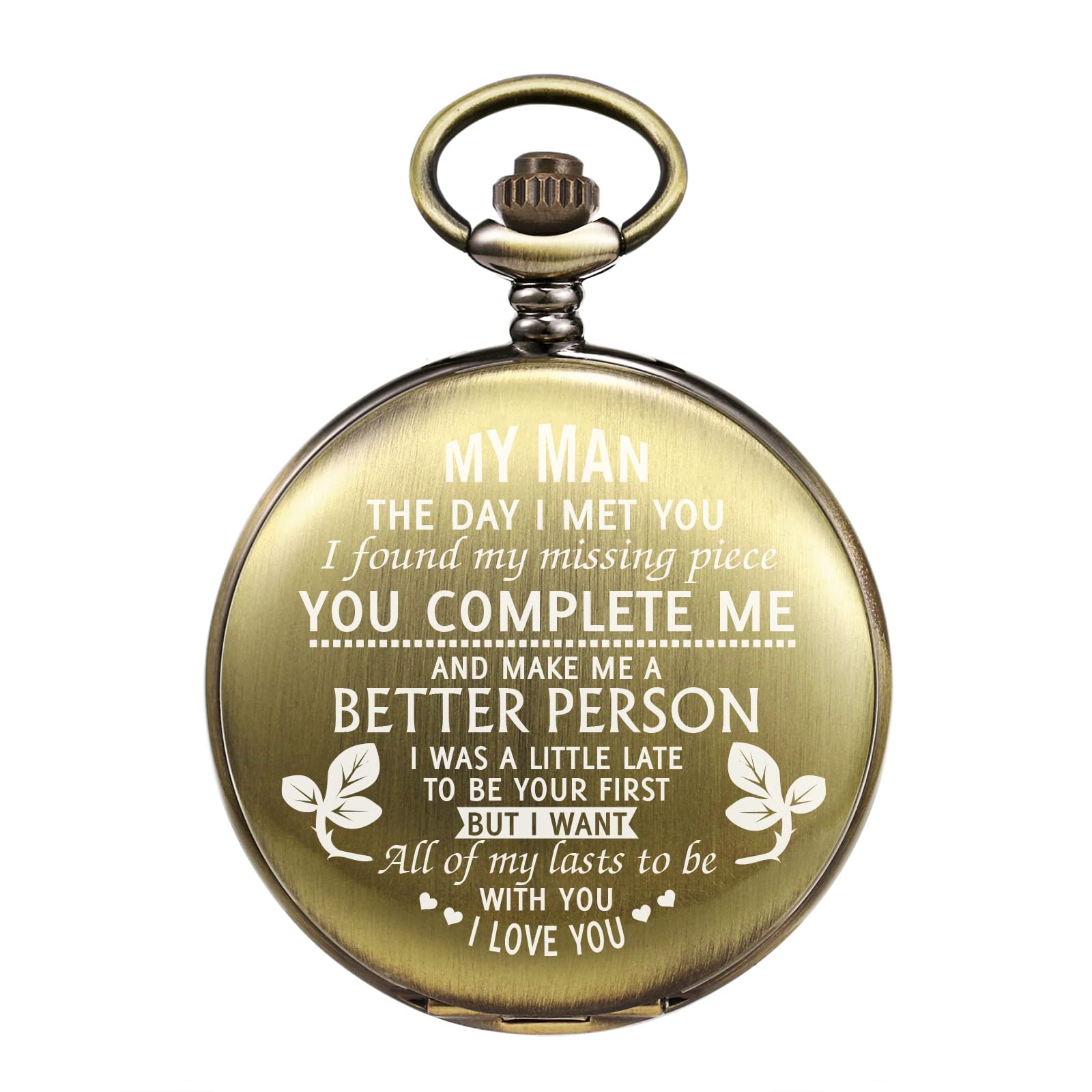 TREEWETO Engraved Bronze Pocket Watch for Boyfriend My Man Fiancé Husband Customized Personalized Fob Watches for Men Birthday Anniversary Personalized Watch