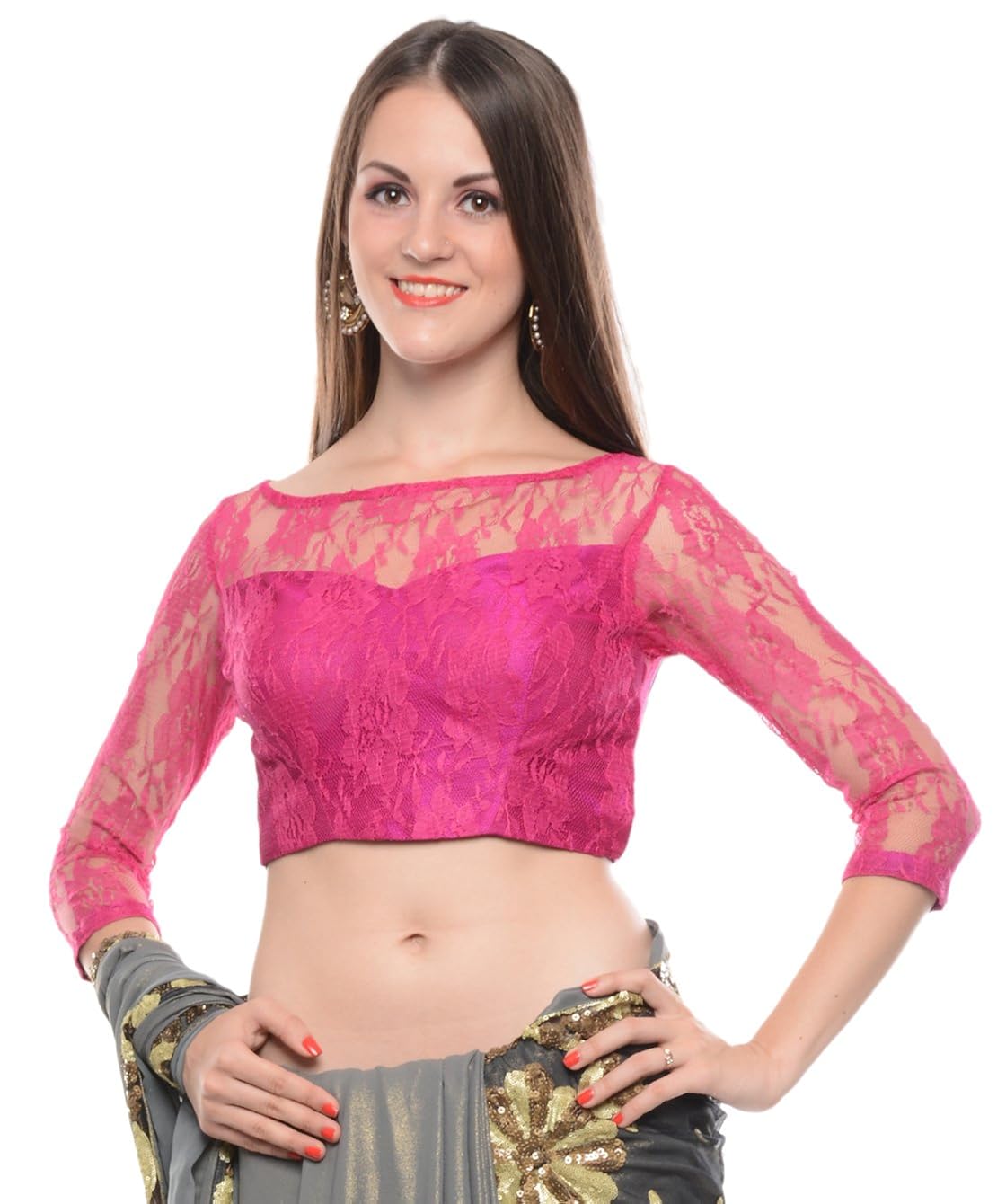 nika women's net padded designer saree blouse by kaanchie nanggia(nika2620_pink)