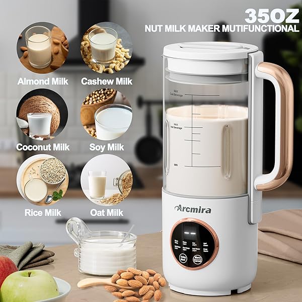 8 IN 1 AUTOMATIC NUT MILK MAKER, 10 BLADE 35 OZ HOMEMADE OAT, SOY, PLANT-BASED AND DAIRY FREE BEVERAGES, ALMOND MILK MAKER WITH DELAY START/KEEP WARM/BOIL WATER, SOY MILK MAKER WITH NUT MILK BAG