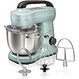 Hamilton Beach Electric Stand Mixer, 4 Quarts, Dough Hook, Flat Beater Attachments, Splash Guard, 7 Speeds with Whisk, Aqua