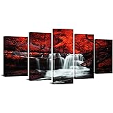 LevvArts Black White and Red Wall Art 5 Pieces Red Tree Forest Waterfall Picture Canvas Print Autumn Landscape Paintings Framed for Office Home Living Room Decor Ready to Hang