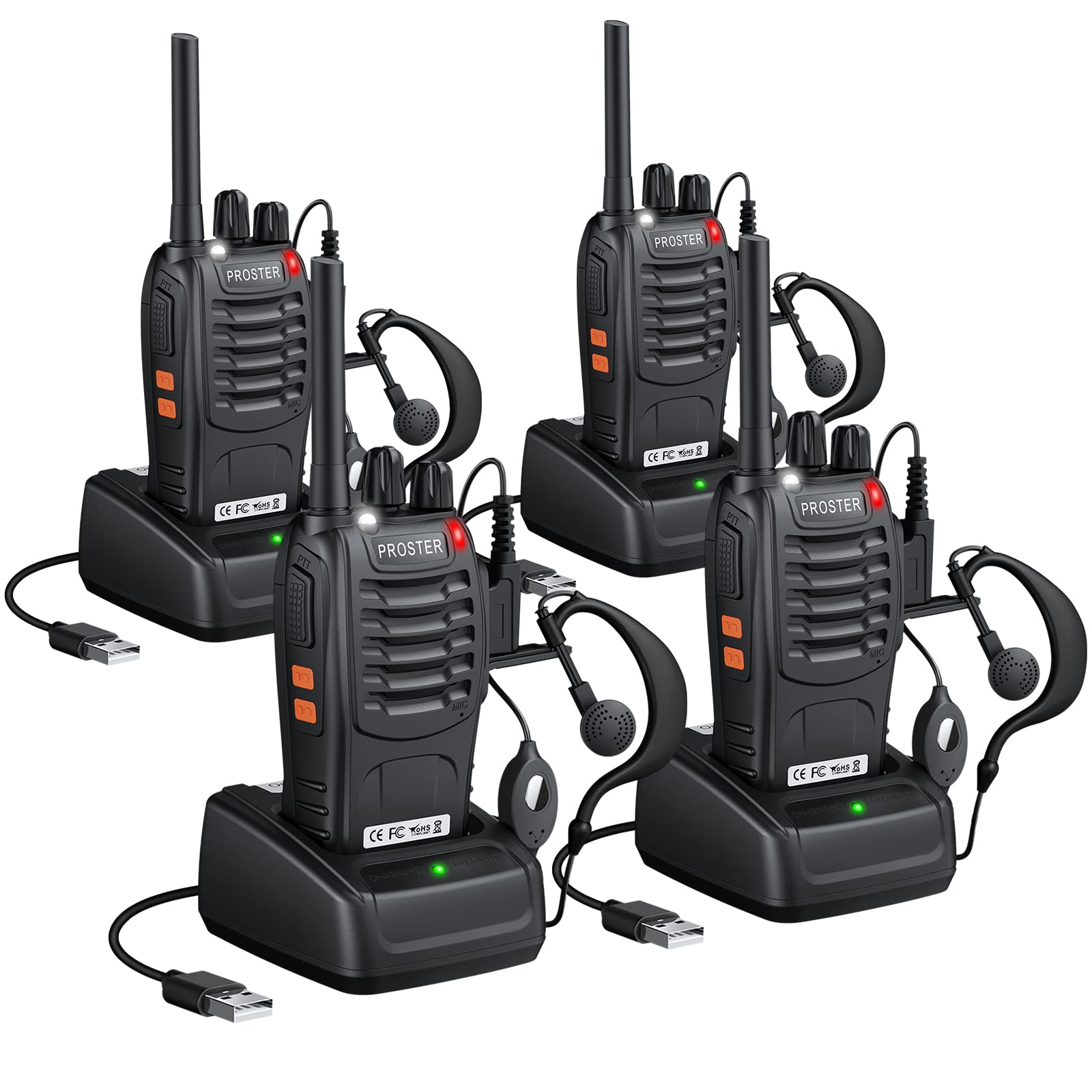 Proster Long Range Walkie Talkies for Adults - Rechargeable Walkie Talkies 4PCS with 16 Channels, VOX Function, LED Flashlight, Earpieces 2 Way Radio Communication for Hiking Camping Outdoor Activity