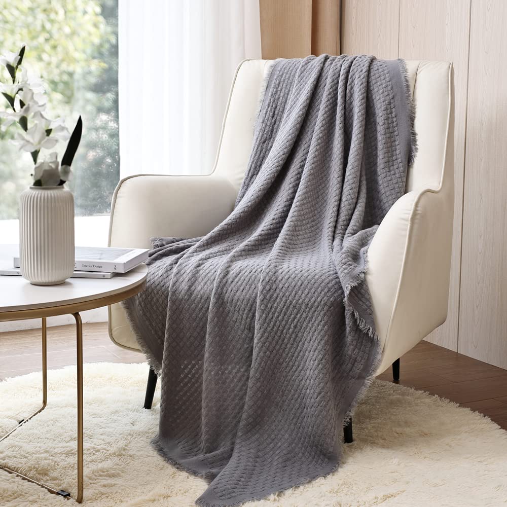 CREVENT Farmhouse Waffle Knit Throw Blanket Textured Cover for Couch Sofa Chair Bed Home Decoration, Soft Warm Cozy Light Weight for Spring Summer Fall (127cmX152cm Light Grey)