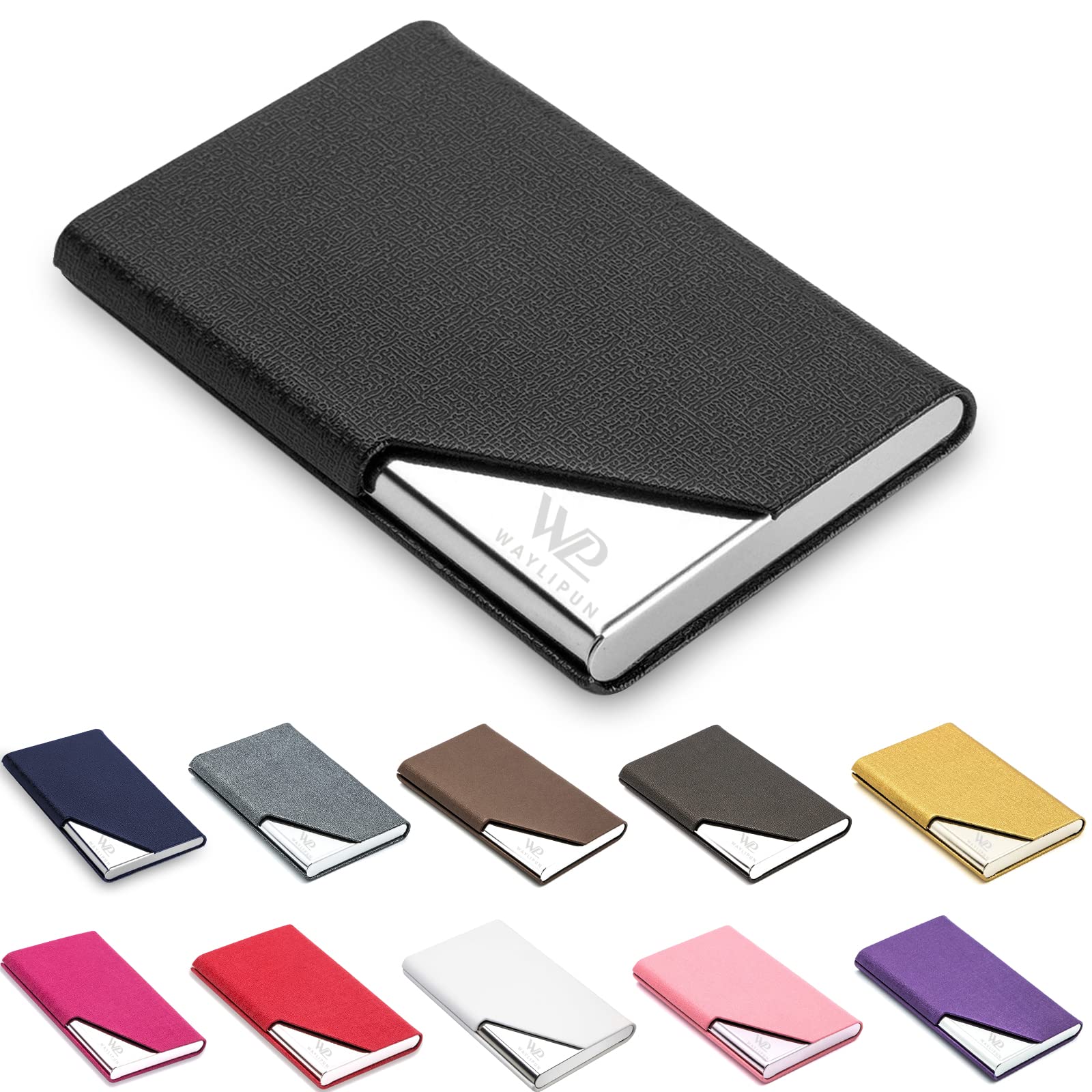 Waylipun Business Card Holder, Professional PU Leather & Stainless Steel Business Name Card Case, Keep Business Cards in Immaculate Condition, Slim Metal Pocket Card Holder with Magnetic Shut(Black)