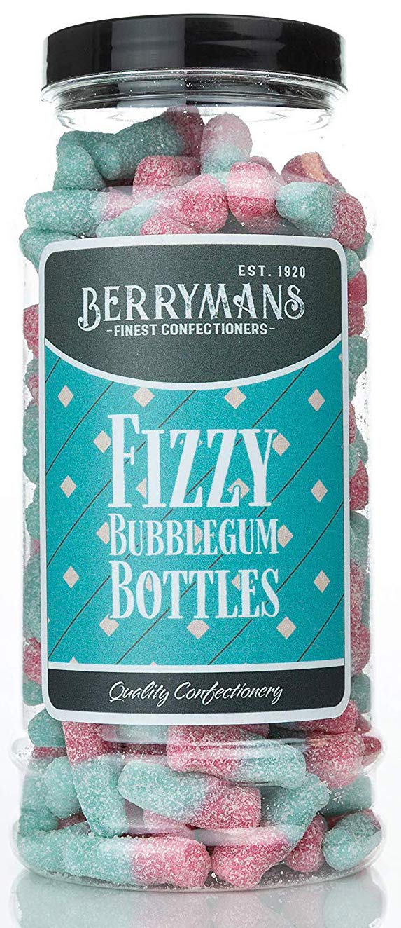 Original Fizzy Bubblegum Bottles Pink and Blue Bottles Retro Sweets Gift Jar by Berrymans Sweet Shop - Classic Sweets, Traditional Taste.