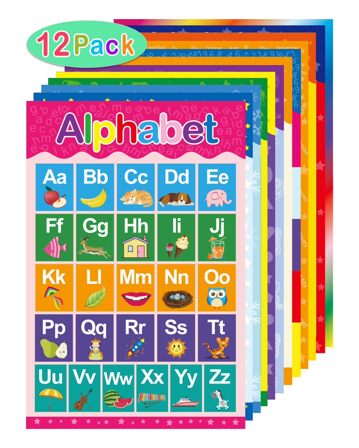 Yoklili 12 Educational Preschool Posters for Toddlers and Kids Classroom Nursery Homeschool Kindergarten Learning Alphabet Numbers Shapes Colors Days, 9 x 13.5 inches