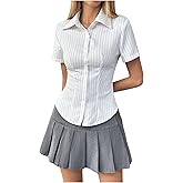 SweatyRocks Women's Striped Button Down Shirt Short Sleeve Collared Fitted Work Office Blouse Dressy Tops