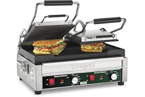 Waring Commercial WPG300 Panini Otimo Dual Ribbed Panini Grill, 240V, 3200W, 6-20 Phase Plug, Silver, 15.5 x 18.75 x 9.25 inches