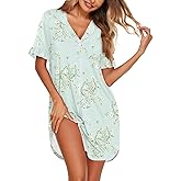 Ekouaer Nightgowns for Women Button Down Sleep Shirts Short Sleeve Night Shirts V Neck Sleepwear Boyfriend Pajama Dress