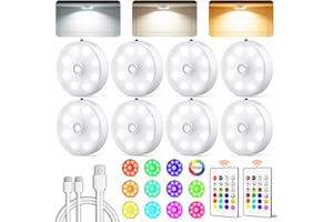 LENOMA Puck Lights with Remote Control, Rechargeable Under Cabinet Lighting, 3 Color Temps, 12 RGB Color LED Motion Sensor Lights Wireless, Dimmable Under Counter Lights for Closet, Kitchen