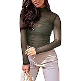 REORIA Women’s Mesh Long Sleeve Bodysuits Sexy Sheer Mock Turtleneck Ruched Going Out Tops （No Lining）