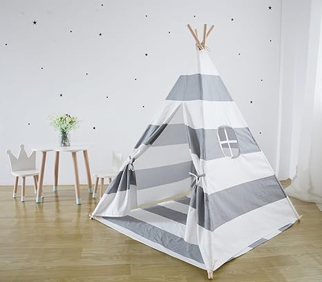 Amazon Co Jp Kids Teepee Play Tent 5 Feet Tall Large保育園子供テントplayhouse By Wonderスペース Comes With Detachableフロアマット 手作りおもちゃ赤ちゃん 幼児の保育 グレーストライプ グレー おもちゃ