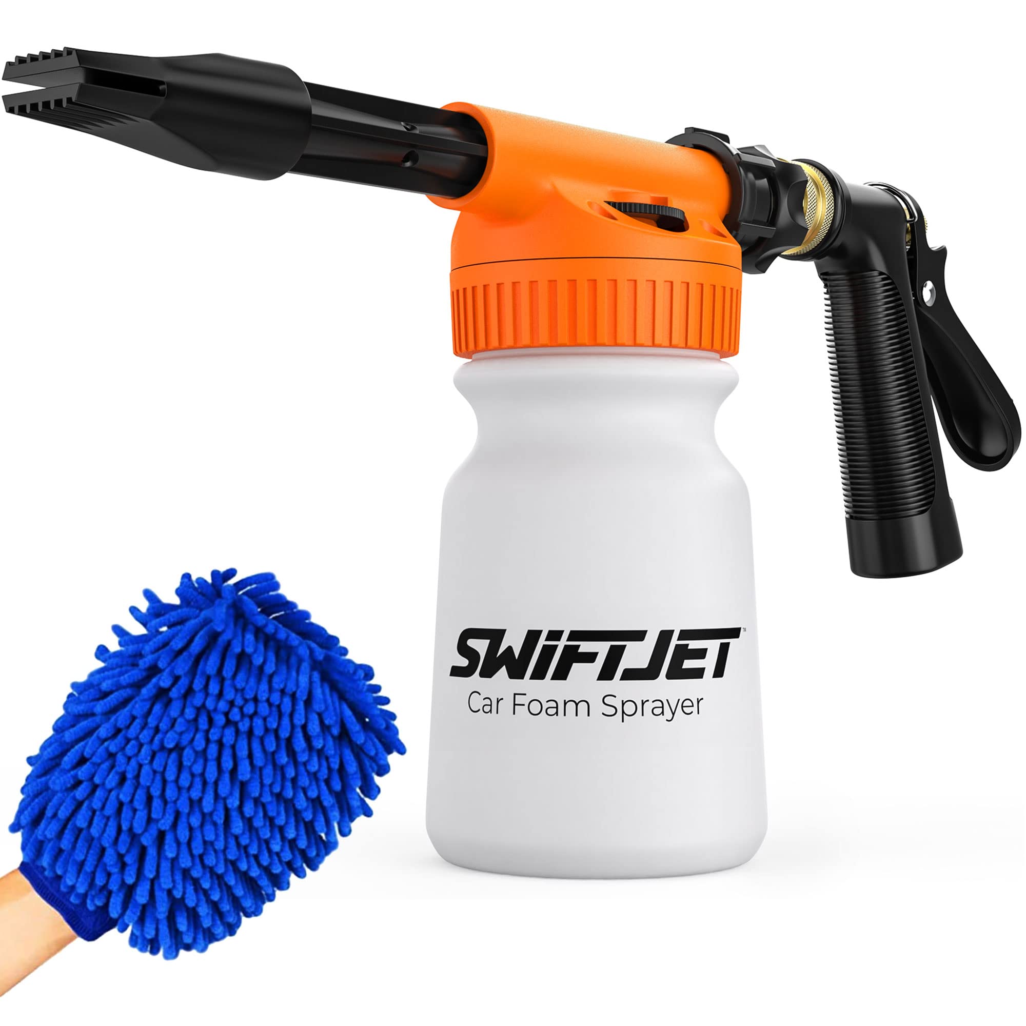 Photo 1 of SwiftJet Car Wash Foam Gun + Microfiber Wash Mitt - Foam Cannon Works with Any Soap - Garden Hose Car Foam Sprayer - Car Wash Kit - Car Accessories Foam Blaster (Orange Foam Gun with Mitt)