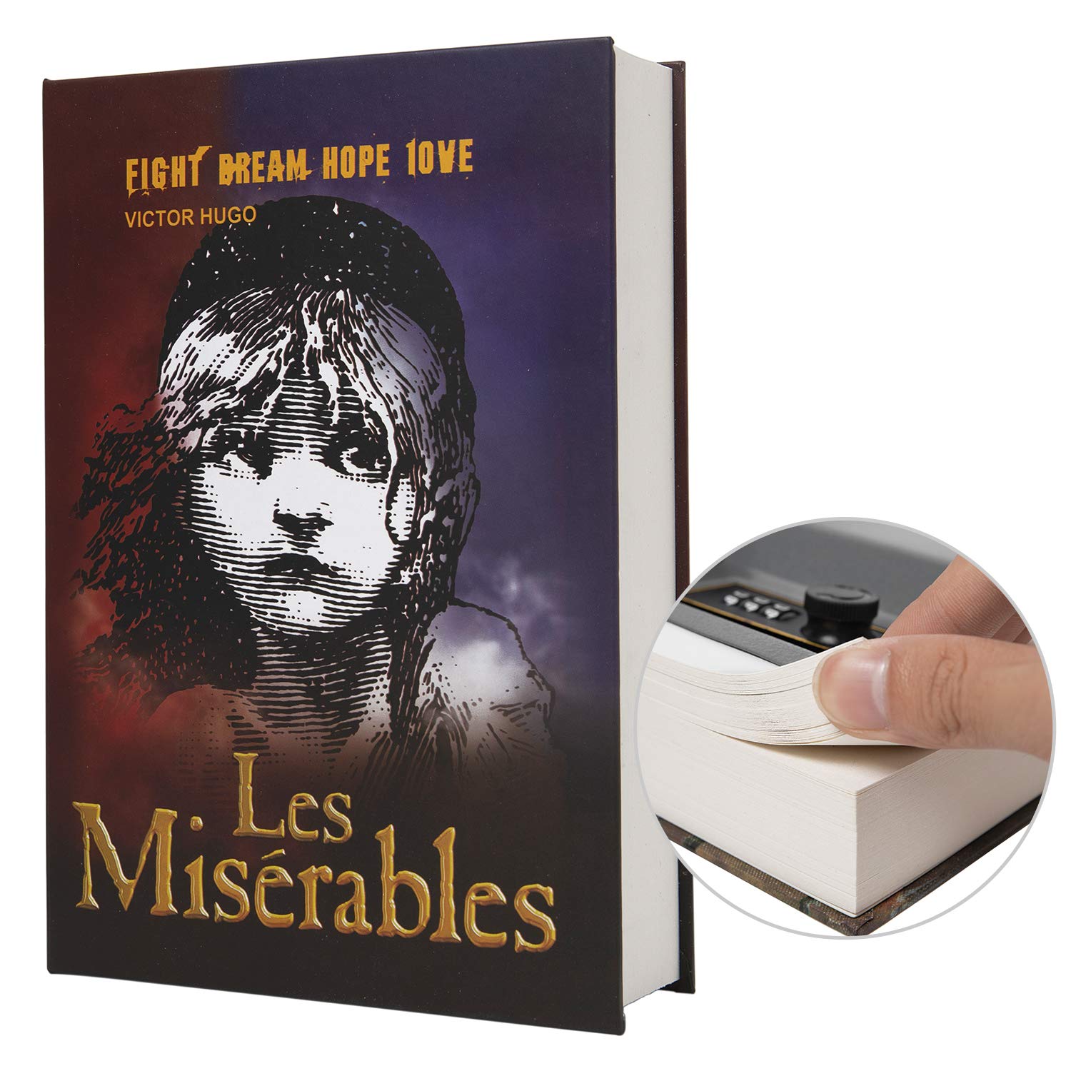 PACOLO Real Paper Diversion Book Safe Storage Box, Les Miserables, Flip Book Hidden Safe with Mechanical Code Lock/Key Override, Black