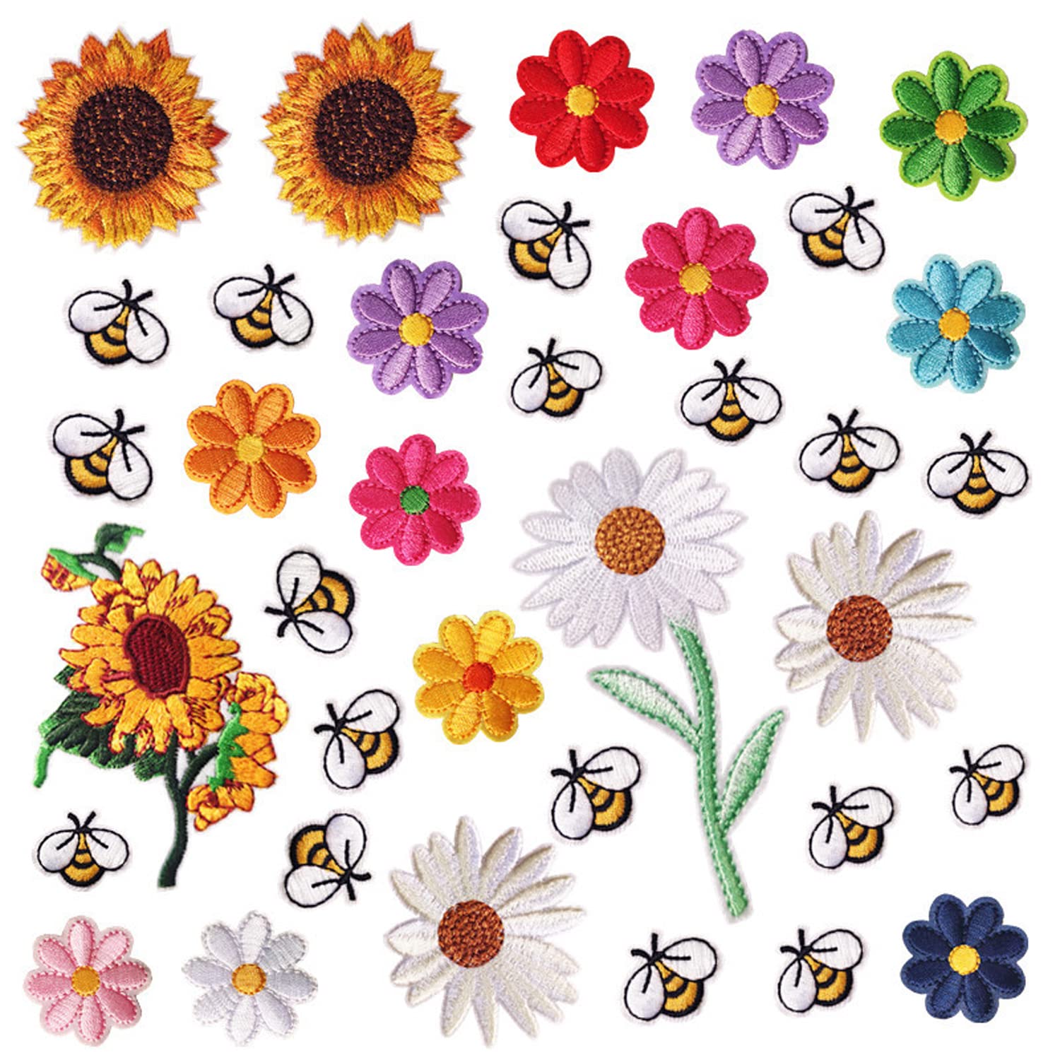 36 Flower Bee Embroidery Patches, 16 Patterns, Bright Colours for Sewing or Ironing Clothes, Bags, Accessories, etc.