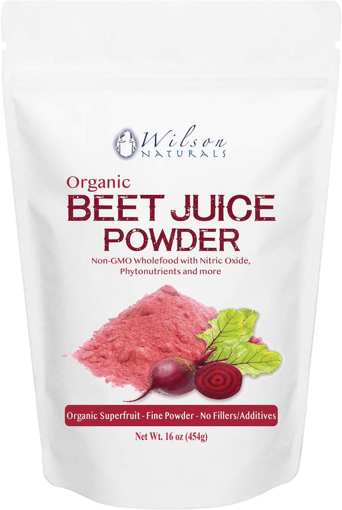 Wilson Naturals Organic Beet Root Juice Powder Superfood (Non-GMO) - Natural Nitrates (Nitric Oxide), Phytonutrients, No Additives/Fillers or Sweetners โ Pure Beet Extract - 454 Grams (90 Servings)