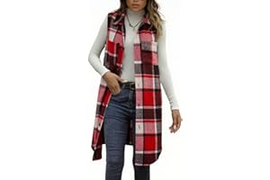 Womens Fall Flannel Plaid Vest Lapel Button Down Sleeveless Shacket Coat Knee Length Casual Waistcoat Outerwear