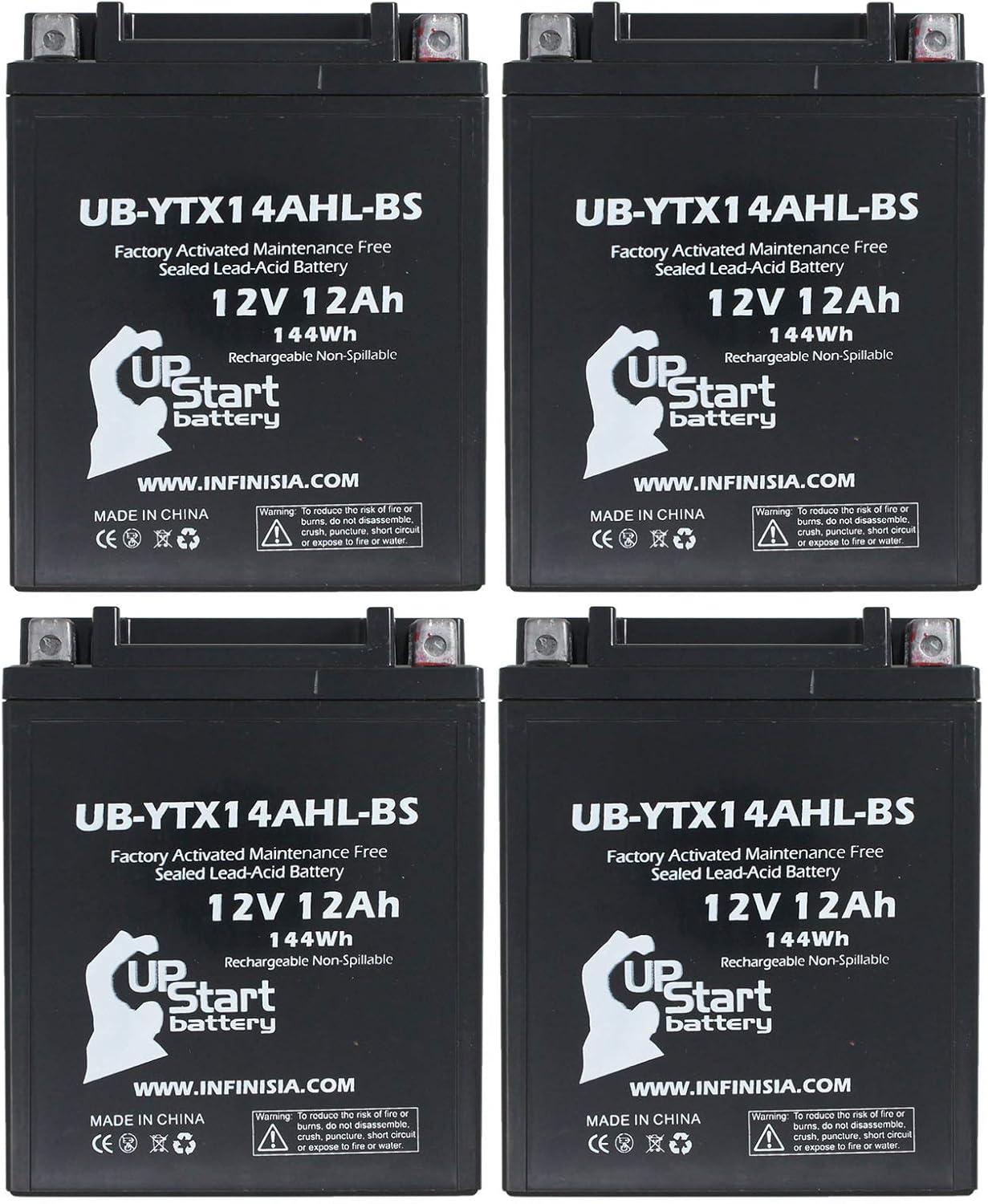 4-Pack UB-YTX14AHL-BS Battery Replacement for 1999 Arctic Cat Tiger Shark 640 CC Personal Watercraft - Factory Activated, Maintenance Free, Motorcycle Battery - 12V, 12AH, UpStart Battery Brand