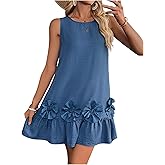 SOLY HUX Women's 3D Floral Ruffle Mini Dress Cute Crew Neck Sleeveless Flowy Going Out Dresses